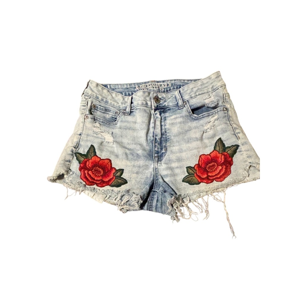 American Eagle Super Stretch Embroidered Rose Distressed Denim Shorts Light Wash